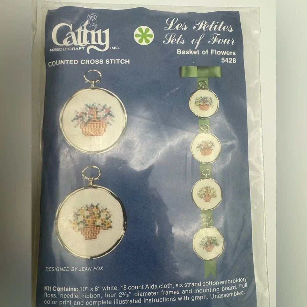Vintage craft kits Cathy Counted Cross Stitch basket flowers Janlynn pot holder